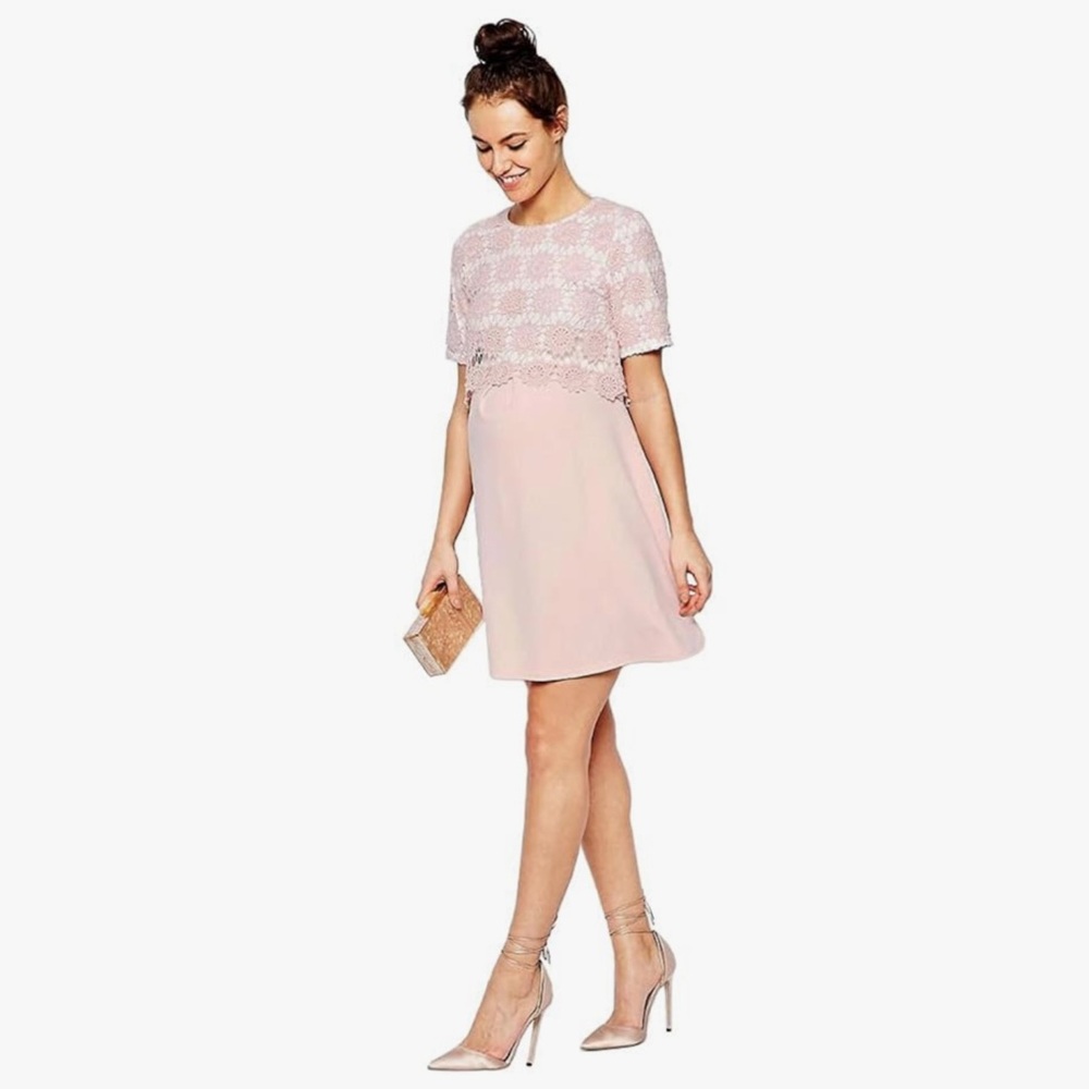 ASOS Maternity Blush Pink Crochet Lace Top Short Sleeve Midi Dress